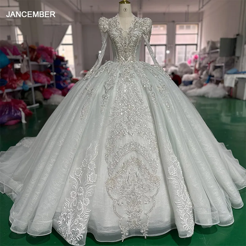 

Jancember Novelty Factory Wholesale Wedding Dress 2024 Organza V-Neck Full Sleeves Beading Illusion Vestido De Noiva XS027