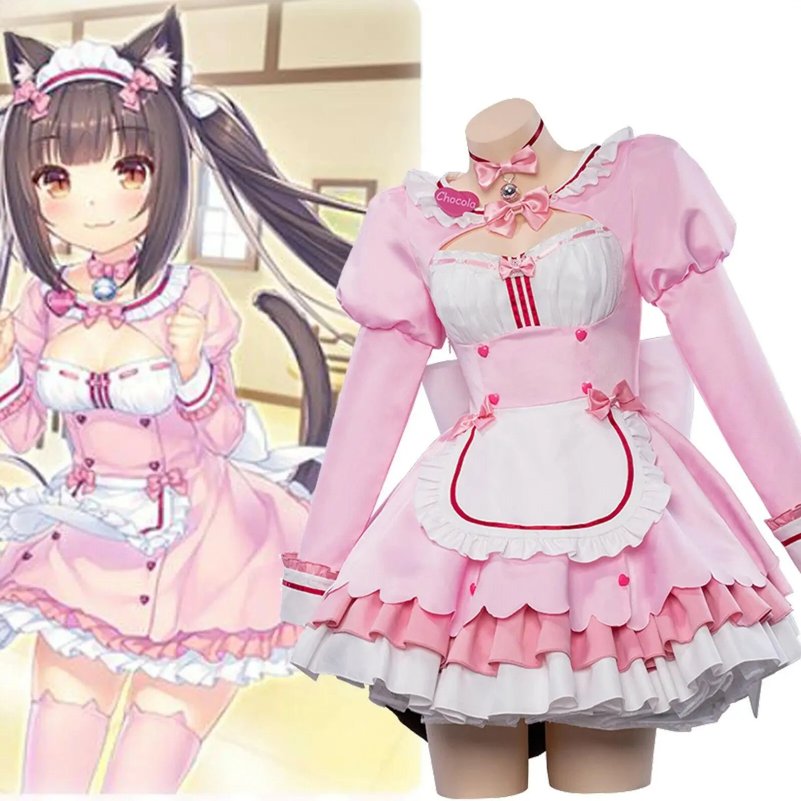 Nekopara-Disfraz de Chocolate para Cosplay, vestido de sirvienta Lolita con diadema, faldas rosas, diadema con orejas de gato, vestidos para niñas y mujeres 2026