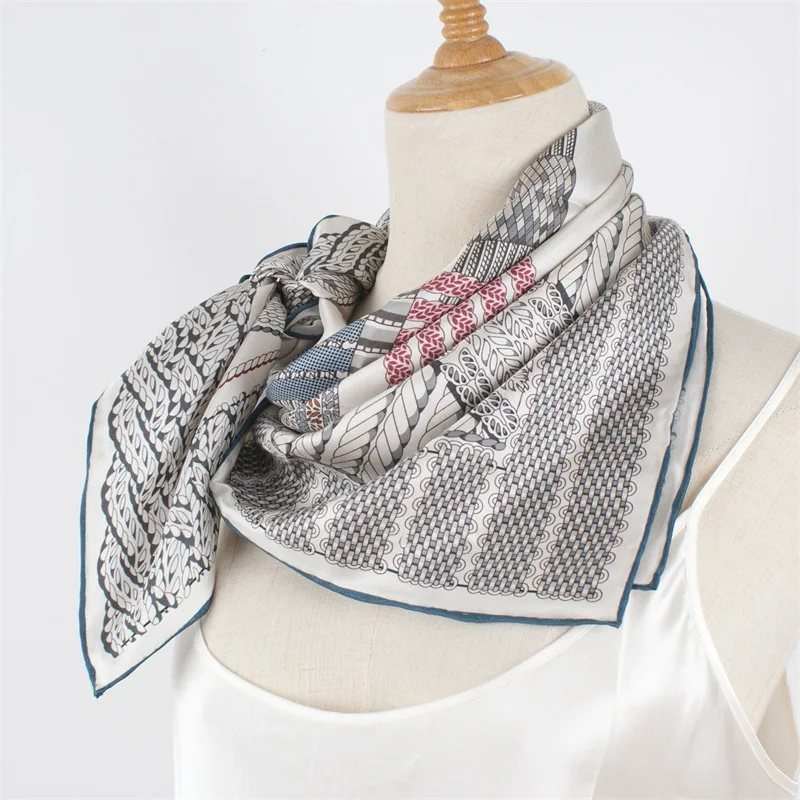 90 100% Silk Scarf Wraps Gray Printed Large Square Silk Head Scarves Hijab for Hair Wrapping for Women