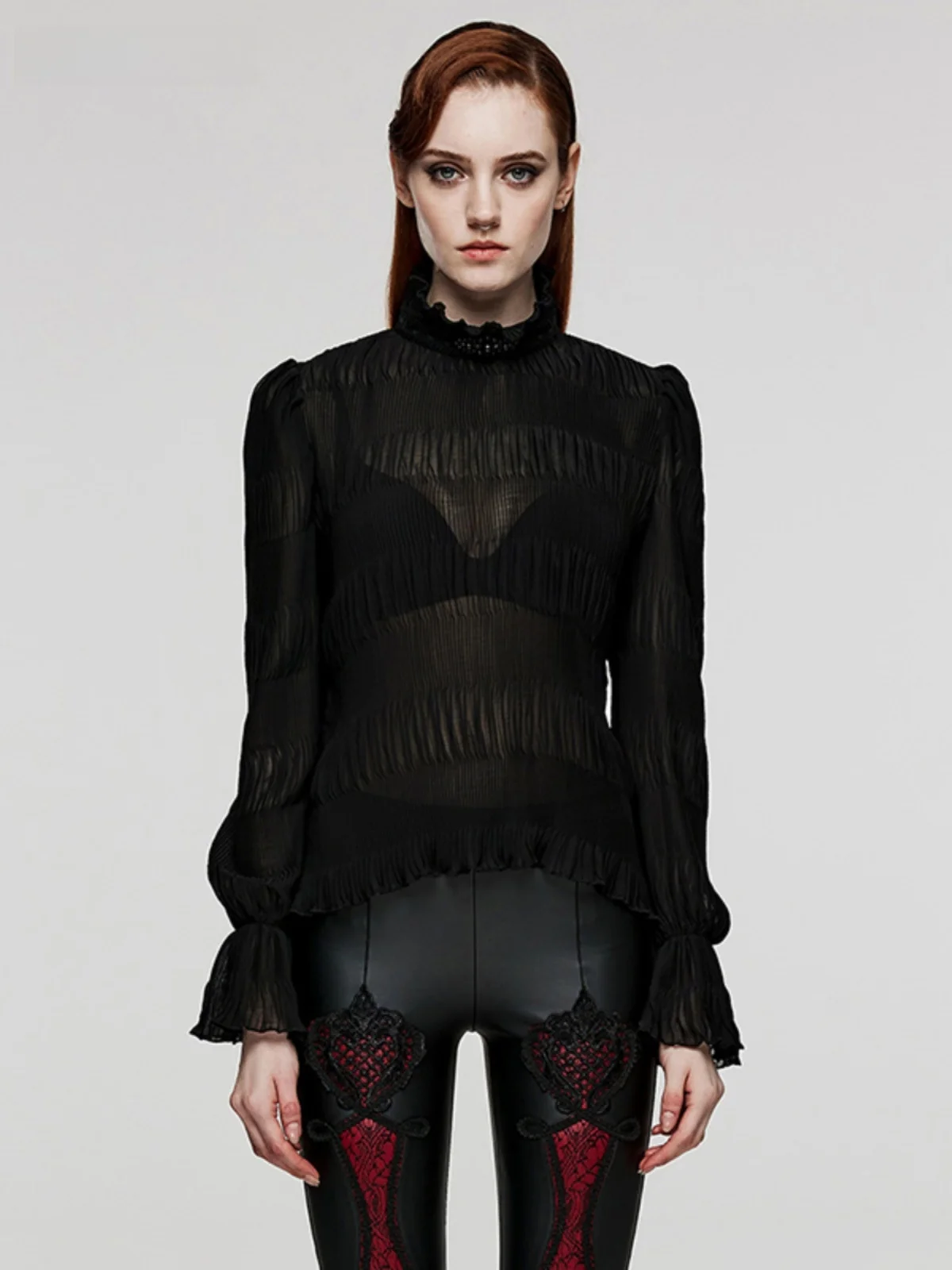 

Gothic Long Sleeve Women's Chiffon Shirt Micro Translucent Sexy Base Layer Top Vertical Stripe Black Trendy Spring Autumn Fas...