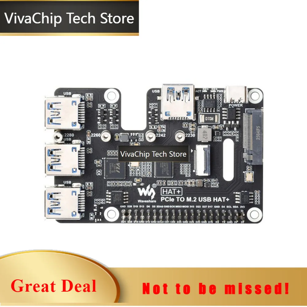 VivaChip TechPCIe-адаптер USB 3.2 Gen1 и M.2 HAT для Raspberry Pi 5 с поддержкой протокола NVMe для твердотельных накопителей, расширяет возможности до 4-канального USB 3.2 P