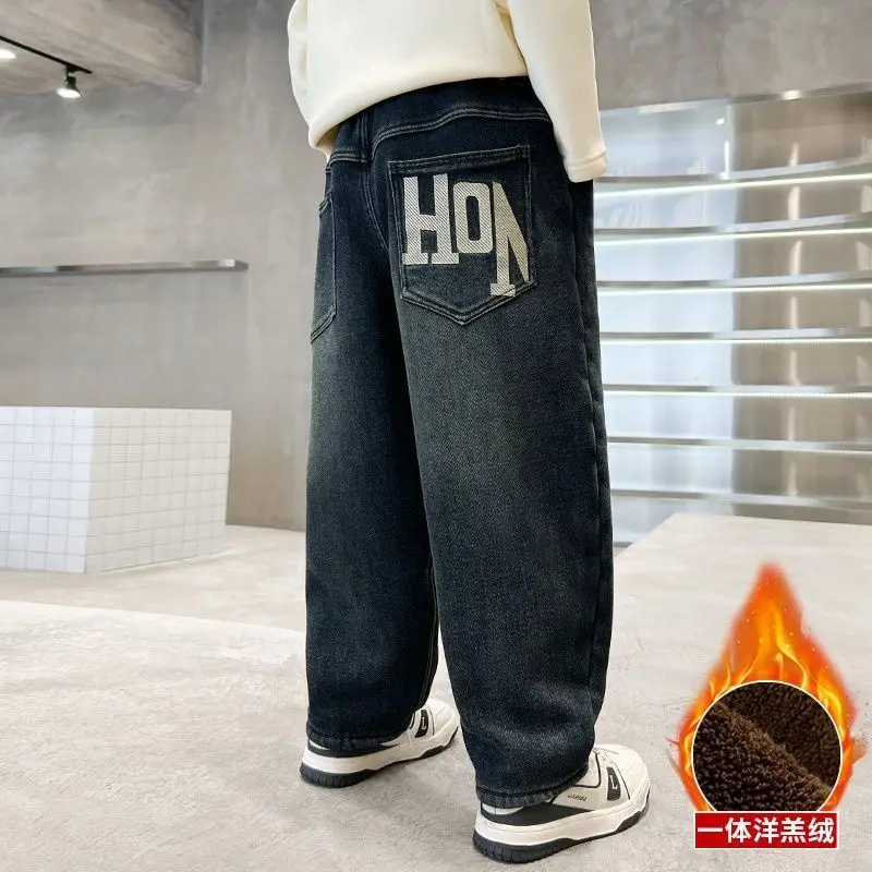 

Зимние термоджинсы для мальчиков-подростков, утепленные джинсовые брюки, детские черные теплые детские мешковатые джинсы с градиентом, брюки для детей 4–14 лет