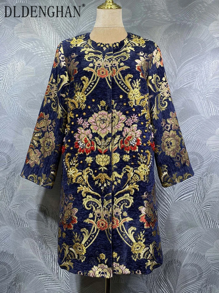 DLDENGHAN Diamonds Beading Jacquard Coat For Women O-Neck Long Sleeves Concealed button Indie Folk Outerwear Autumn Female