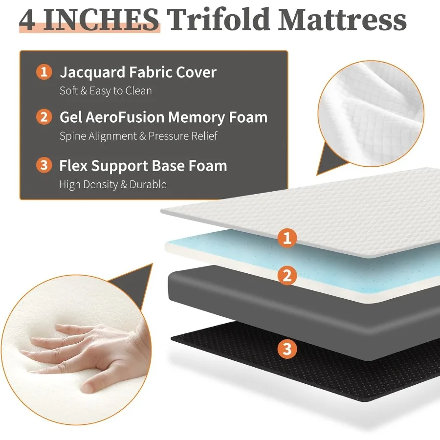 مرتبة إسفنجية الذاكرة ثلاثية الطي مقاس 4 بوصة كاملة الحجم وسادة سرير محمولة قابلة للطي مع غطاء قابل للطي وقابل للغسل CertiPURU #4