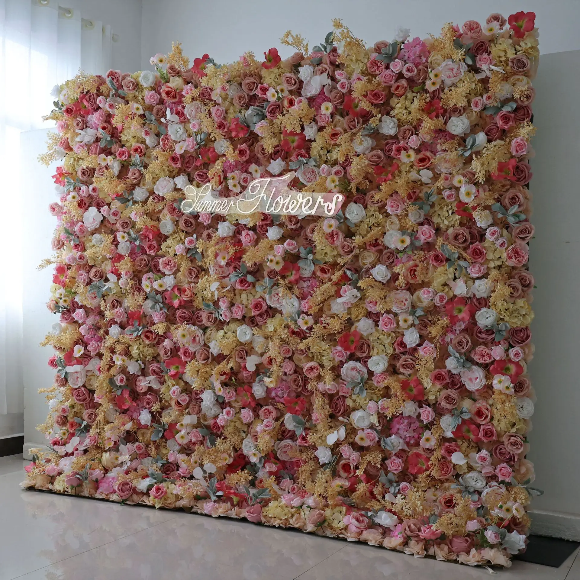 Colorful rose daisies Hydrangea gold rolls 3D artificial fabric mixed flower wall outdoor wedding decoration event background