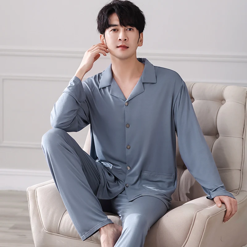 Mens Solid Color Pajamas Set Modal Pyjamas Male Sleepwear Knit Style Nightgown Homewear For Men Soft Cozy Sleeping Wear L-XXXXL