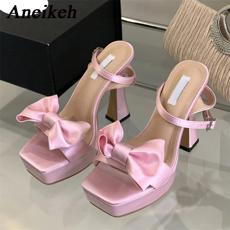 Aneikeh 2024 Silk Butterfly Buckle Lace Up Women\'s Sandals Fashion Sexy Square Toe High Heels Party Wedding 35-40