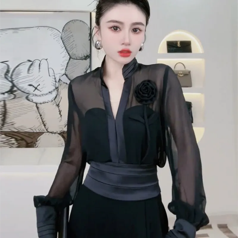 Black Tulle Long-Sleeved Shirt Women's Design Chiffon Three-Dimensional Rose Top