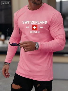 2026 Basic Men's Autumn And Winter Comfortable Casual Sports Swiss Print Round Neck Long Sleeved T-shirt Top Warm Clothing