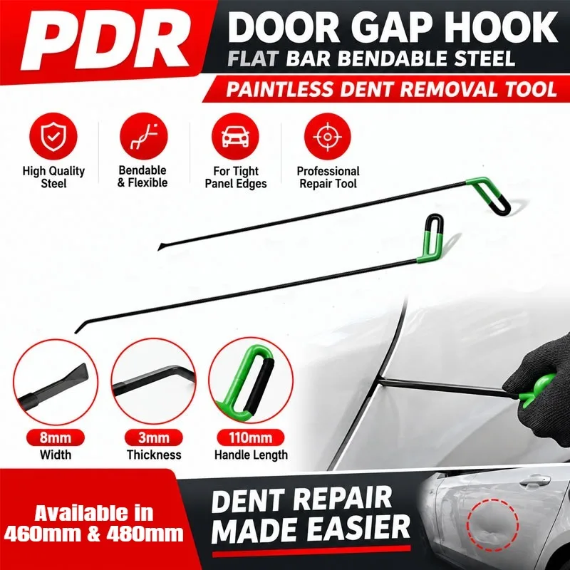 460mm/480mm Bendable Steel Car Door Brace Tight Space Dent Removal Removal Auto Body Repair Tool PDR Flat Whale Tail Hook Rod