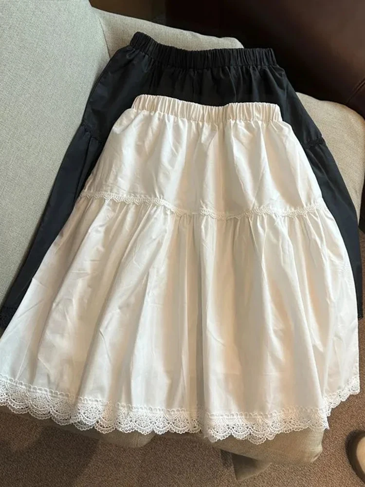 Sweet White Midi Skirts Women Fashion Preppy Style Lace Patchwork Cute Skirt Summer Chic Female High Waist Loose A Line Skirt