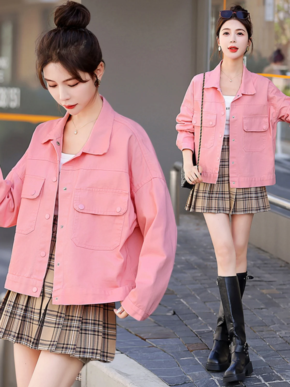 

Fre Sle Pure Color Denim ort Jaet Women's Spring Autumn Loose Fit Student Casual Long Sve Top Button up Coat