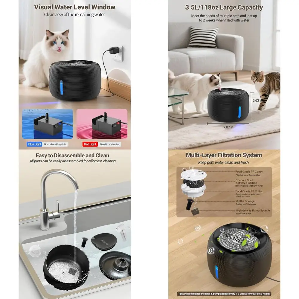 

Cat Water Fountain, 3.5L/118oz Large Capacity Pet Water Fountain Cat Fountains for Drinking, Automatic Quiet Dog Water Bowl Disp