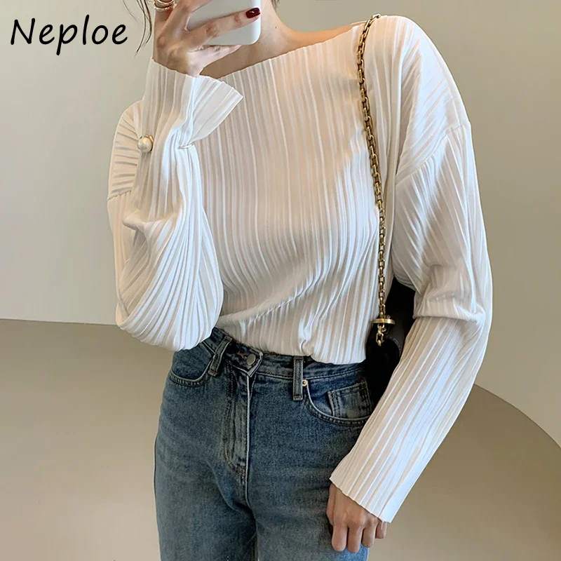 Neploe Korean Autumn Simple O-neck Pullover Shirts Solid Color Chic Pleated Women Blouse All-match Long Sleeve Femme Blusas