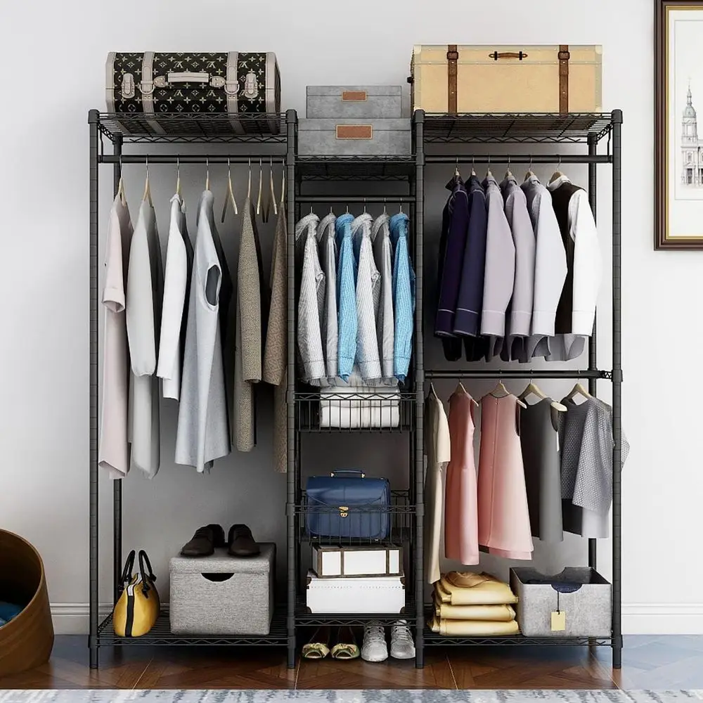 Sturdy Wire Clothes Rack with Adjustable Shelves & 2 Fixed Baskets, 60.7L x 15.7W x 70.5H, Max 720LBS Load Capacity, Black