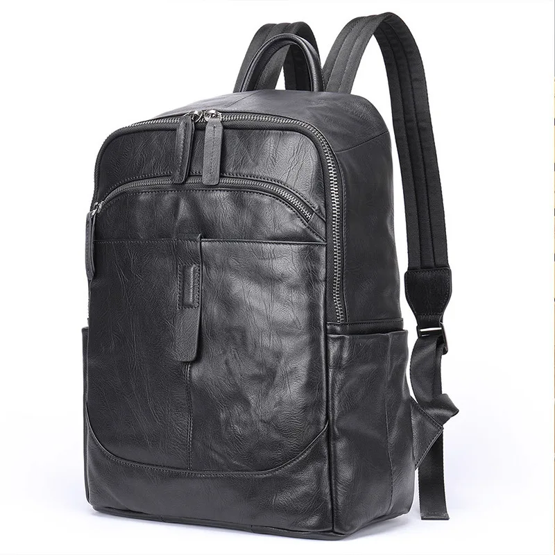 

Nesitu High Quality A4 Casual Vintage Black Top Grain Genuine Leather 14'' Laptop Women Men Backpack Cowhide Travel Bag M9197