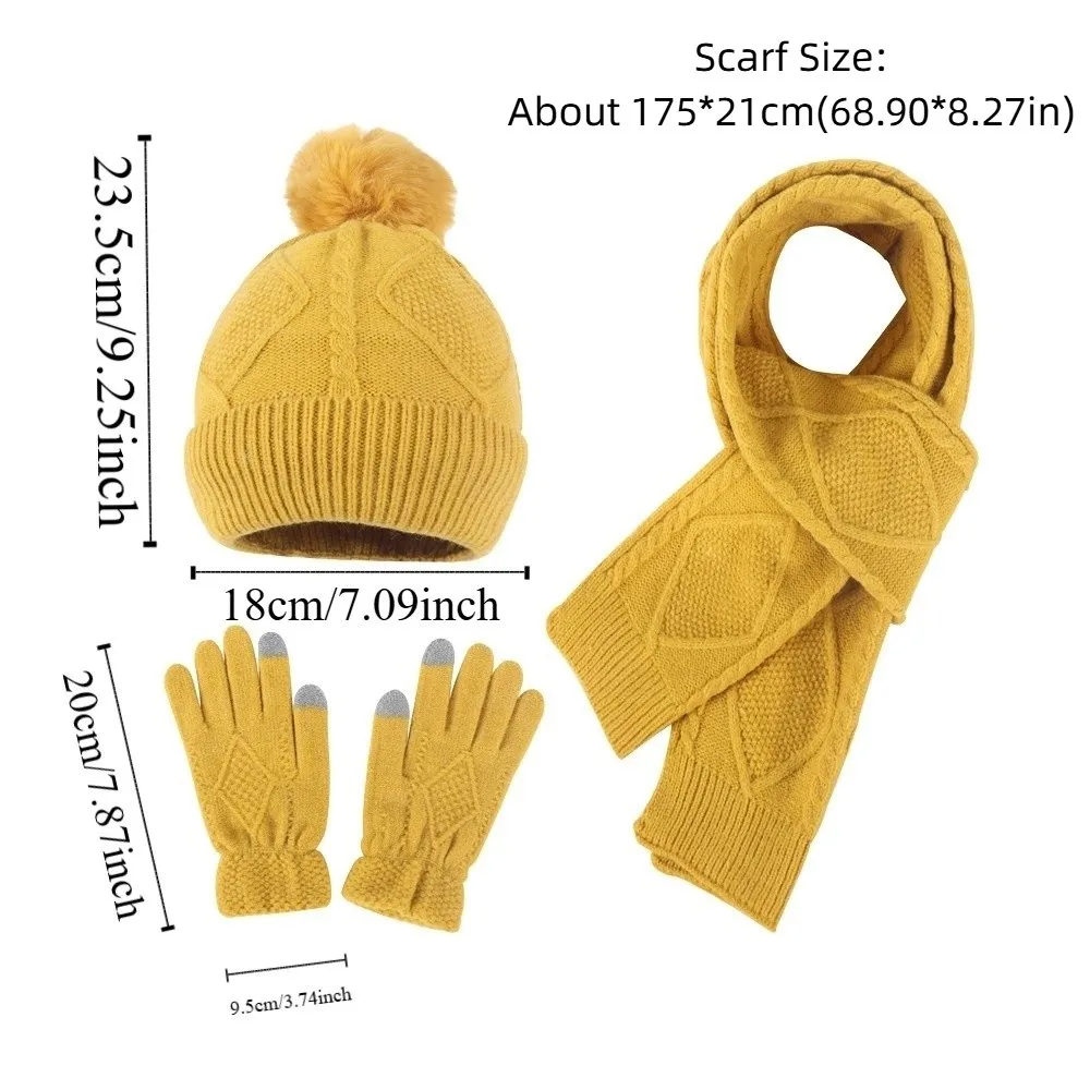 Yarmulke Conjunto de bufanda y gorro elástico con pantalla táctil, guantes cálidos a prueba de frío, gorro de lana con bola de felpa con estampado de rombos para exteriores