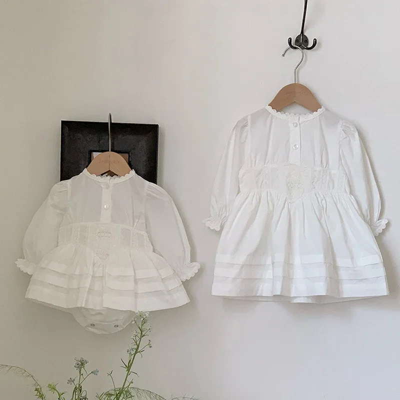 2026 New Spring Sister Clothes Kids Princess Dresses Long Sleeved Cotton Solid Color Baby Girl Romper 1-5Yrs Girl Party Dress