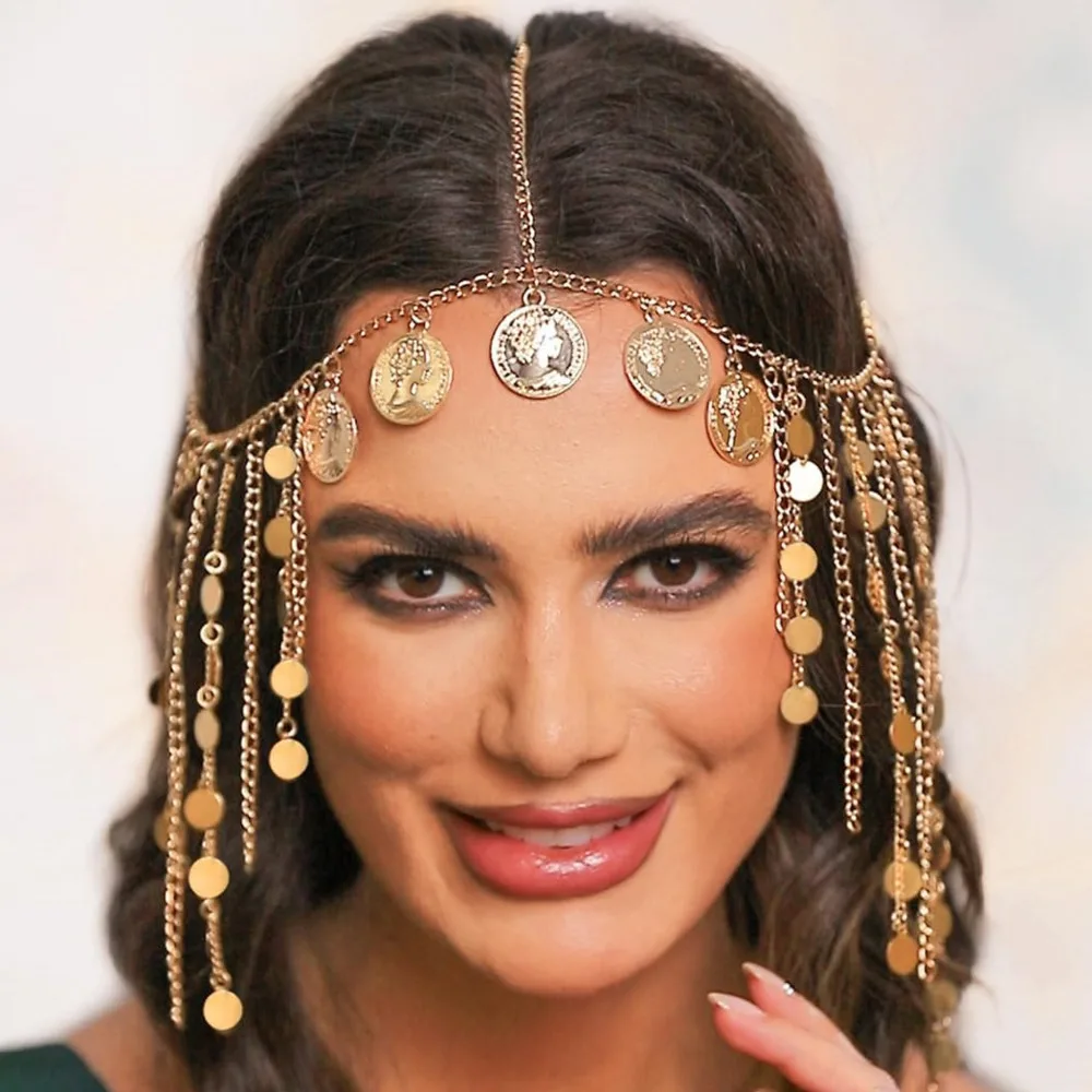 Indian Head Chain Jewelry Gold Color Sequins Coin Tassel Hair Chain Clothing Headpiece Hair Accessories  For Women And Girls