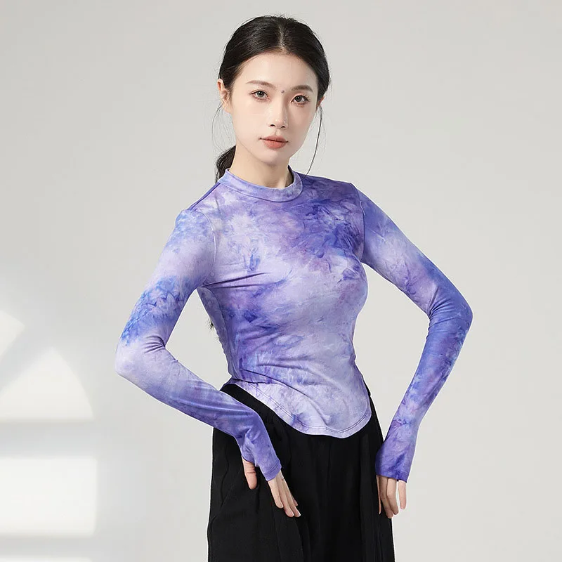 

Adult Tie Dye Ink Print O Neck Curved Hem Belly Dance Long Sleeve T Shirt Top Costume for Women Dancing Clothes Dancer Clothing