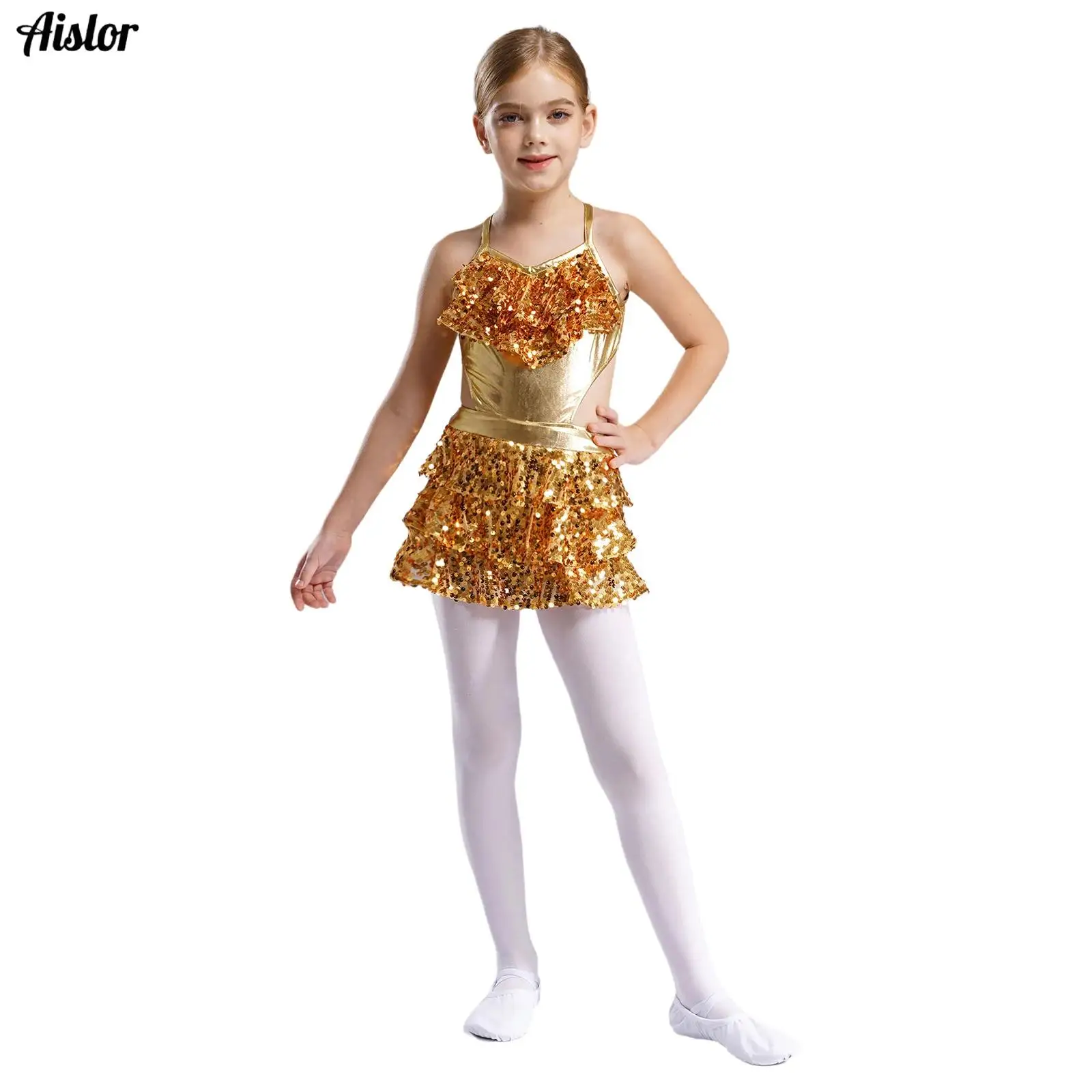 

Kids Girls Sequins Tiered Ruffle Jazz Dance Dress V Neck Sleeveless Metallic Culotte Dress Stage Performance Costume Streetwear