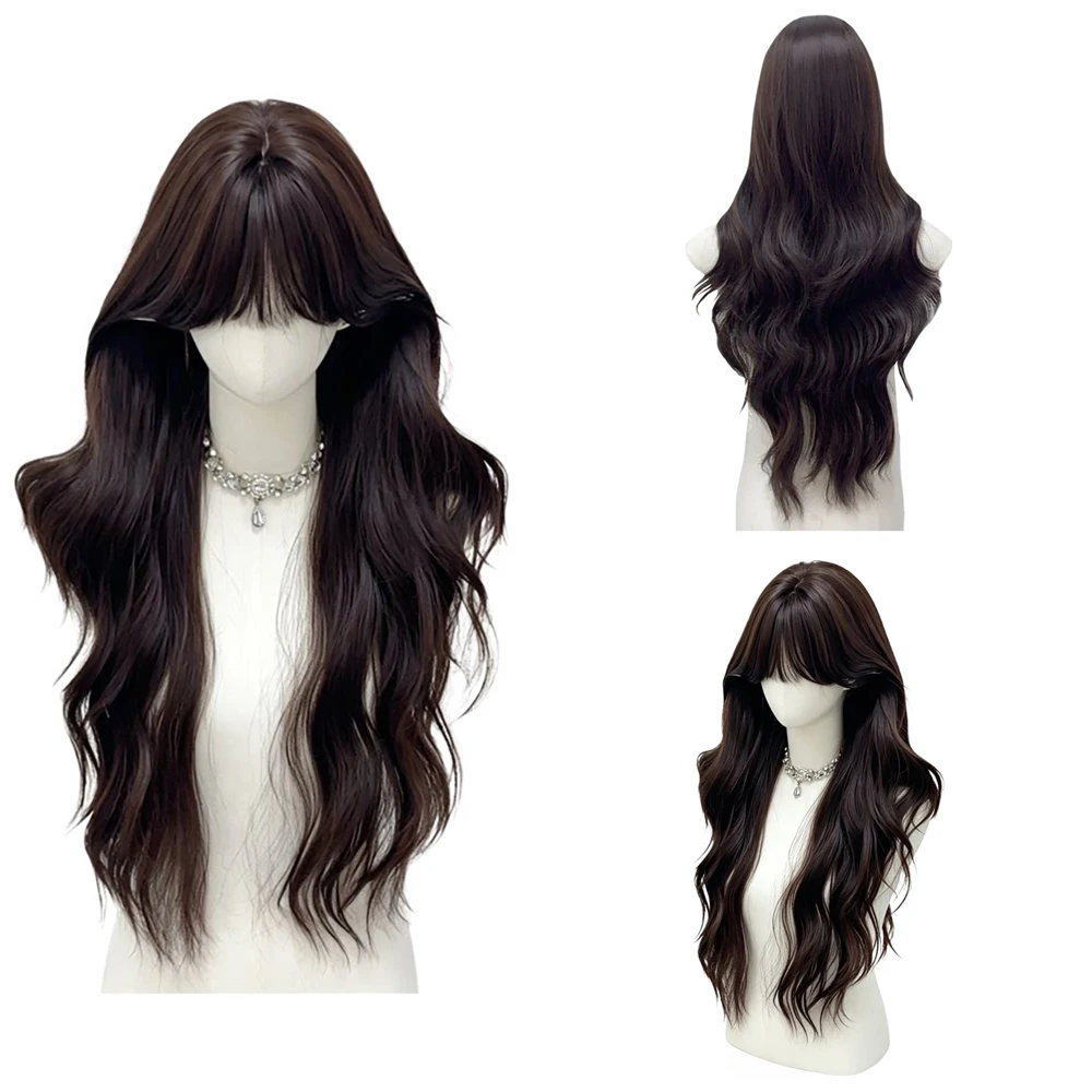 Layered Long Body Wave Wig Dark Brown With Fringe Bangs Women Soft Natural Synthetic Heat Resistant Hair For Daily Party Cosplay