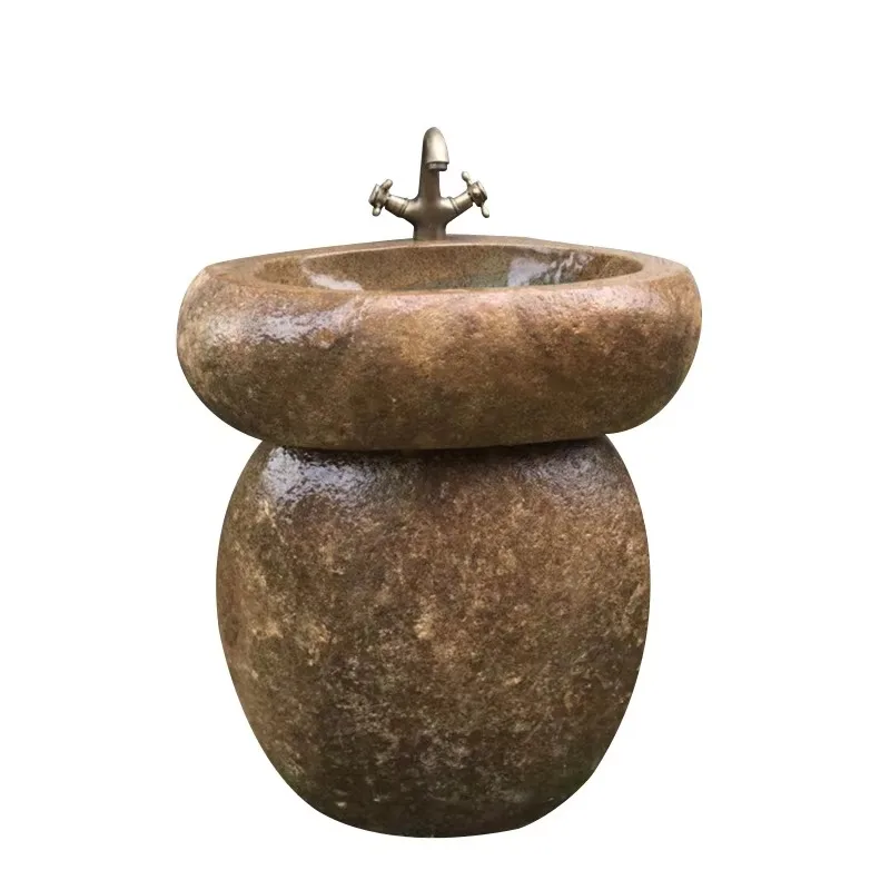 

Home Gardening Decoration Washing Rural Primitive Ground To Ground Cobblestone Wash Basin Natural Original Stone Art Column Basi