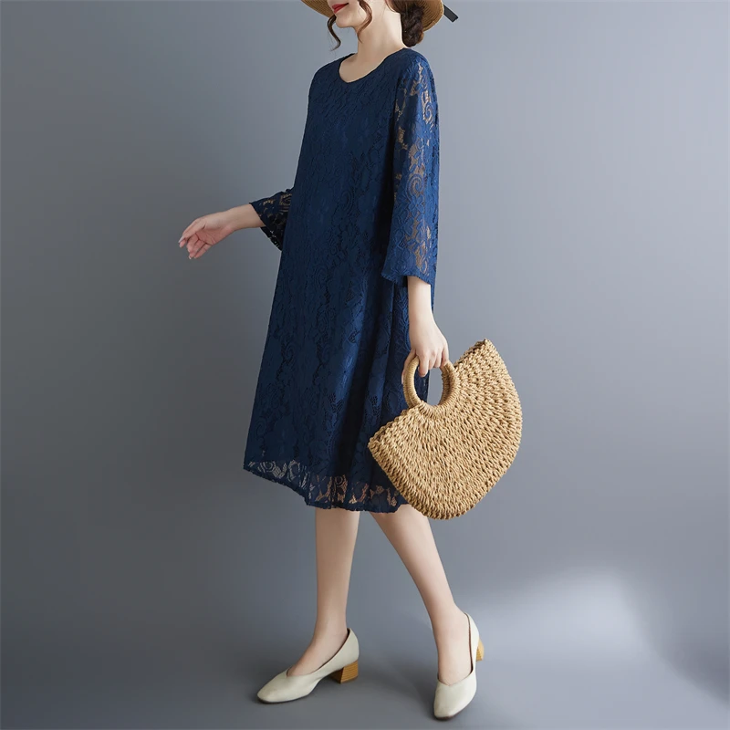 Vestido Azul de Aodón con Encaje, Cuello Redondo, Corte en A, Estilo Coreano, Talla ande, Nuevo Modelo, Cómodo para el Tr...