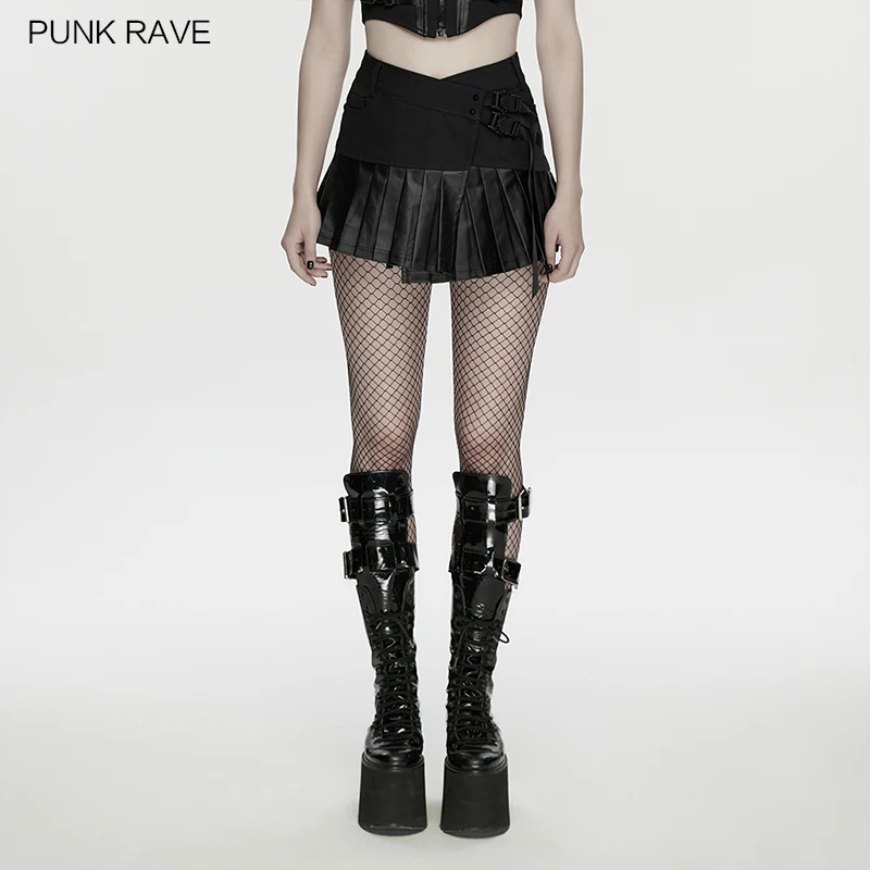 PUNK RAVE Women's Cyberpunk Elastic Denim  Rubberized Pleated Hem One-piece Skirt Casual Unrestrained Look Sexy Short Skirts