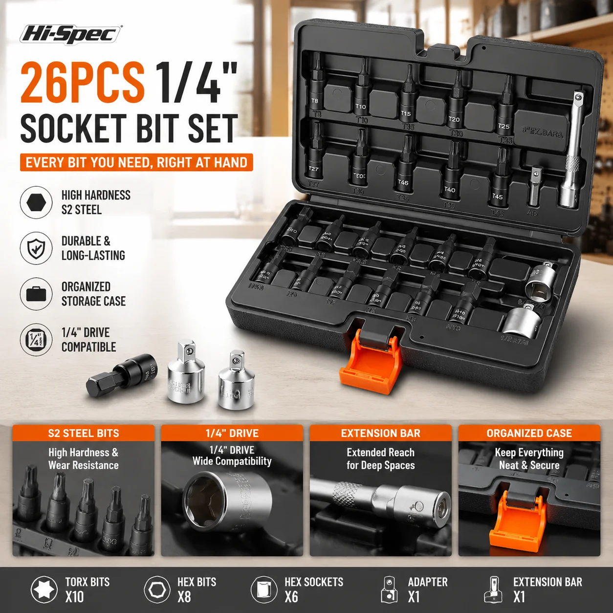 Hi-Spec 26PCS 1/4 Inch Hex Torx Bit Socket Set S2 CR-V Screwdriver Bit Kit with Ratchet Adapter in Durable Storage Case