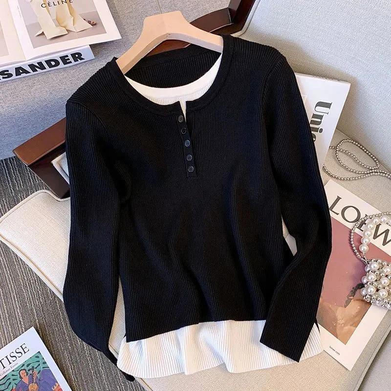 Fake Two Piece Long Sleeve T-shirts Women Korean Style Tender Simple Inside New Autumn Basic Clothes Female All-match Harajuku