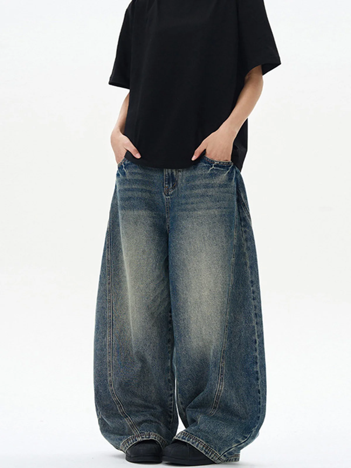 Spring New Men's Jeans Oversized Wide Leg Pants Loose Vintage Patchwork Lightning Cracked Denim Trousers 2026 Streetwear Male