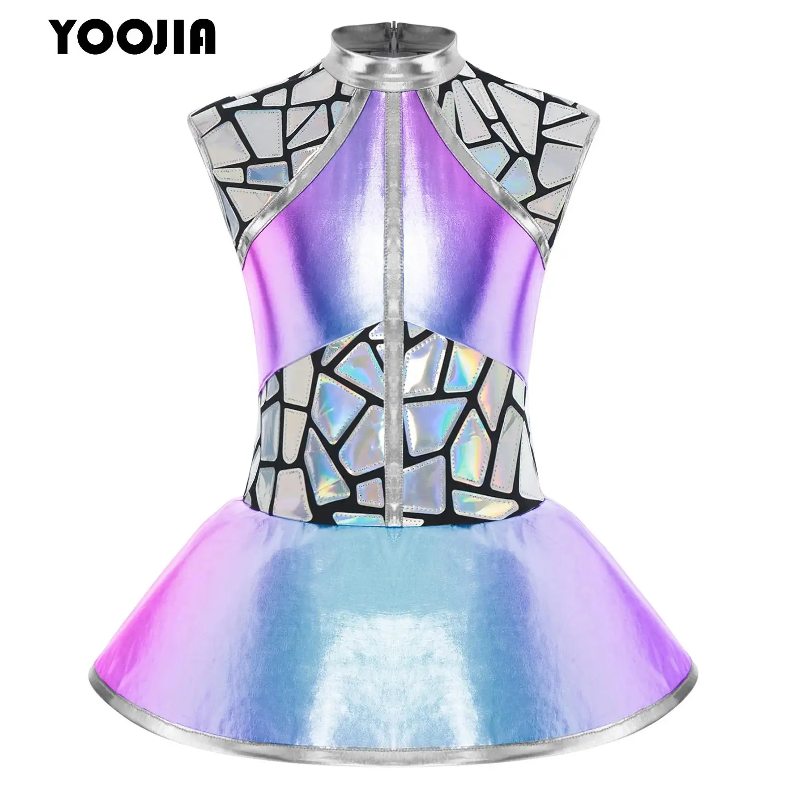 

Girls Shiny Outerspace Astronaut Alien Cosplay Costume Metallic Halloween Sleeveless Tutu Dance Dress for Carnival Parformance