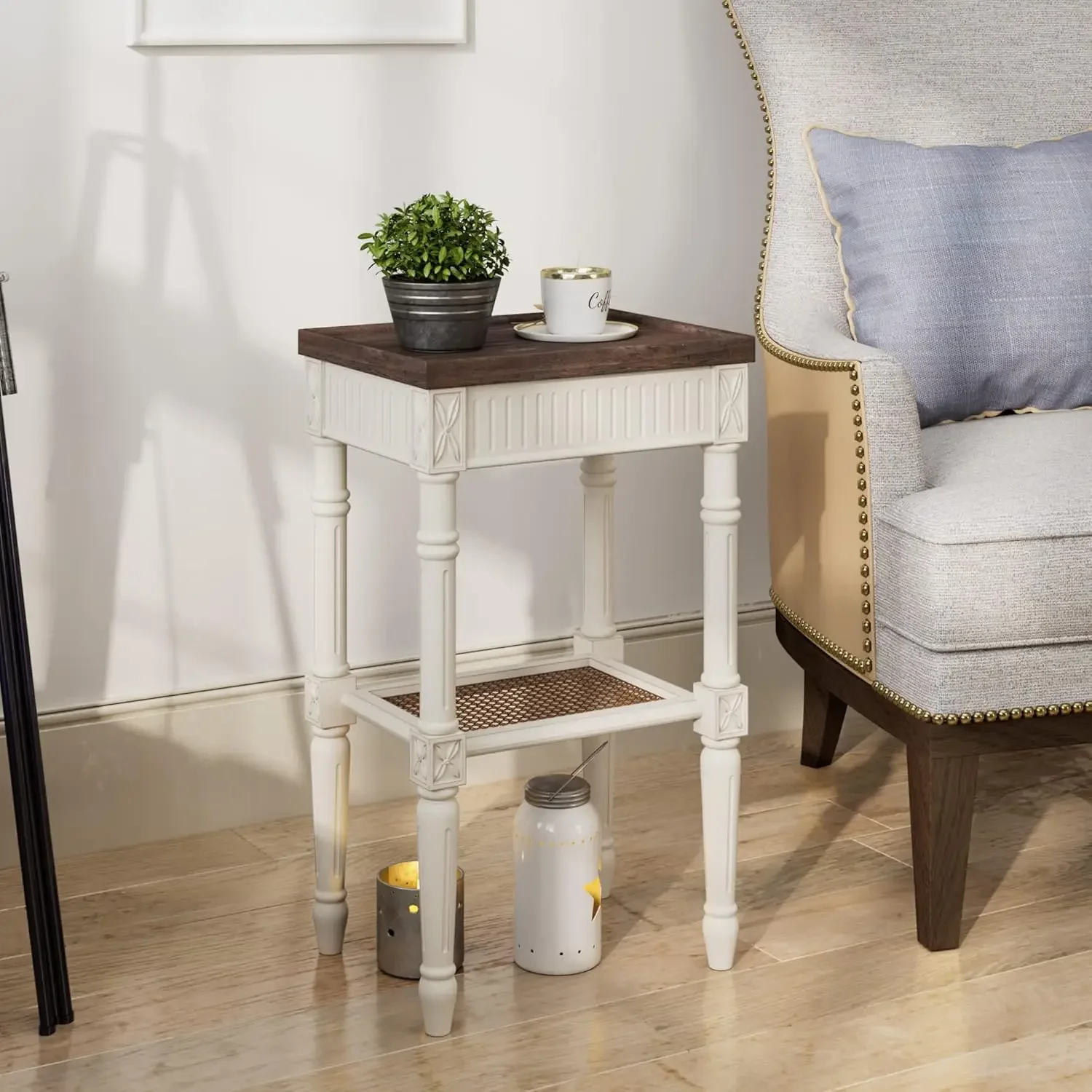 Rustic Farmhouse Cottagecore Accent End Table, Distressed Accent Side Table with Espresso Tray Top and Woven Wicker Shelf