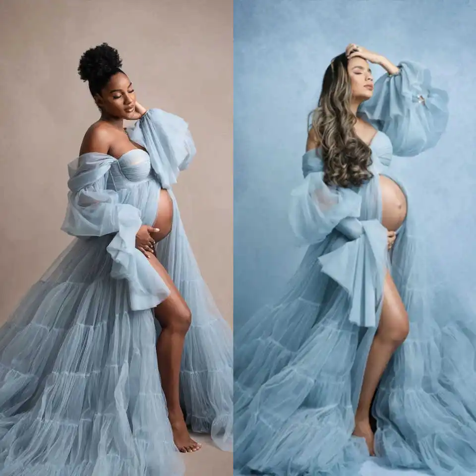 

Gorgeous Tiered Bathgown Tulle Maternity Robe for Photoshoot Ruffles Bridal Robe Pregnancy Gowns Túnica materna Customized