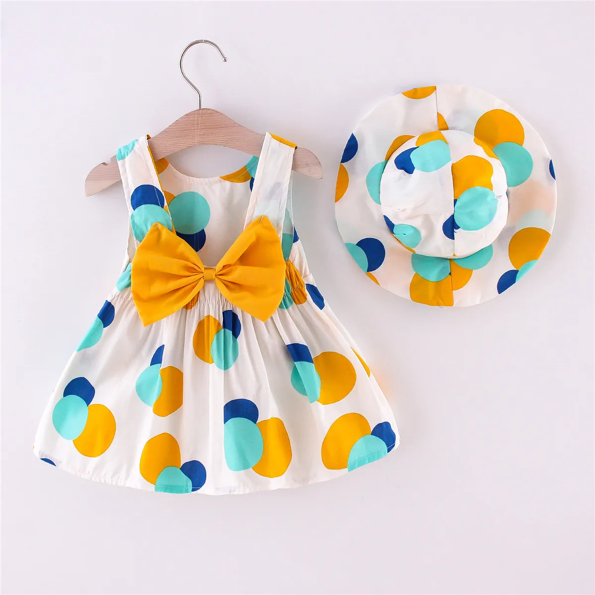 Summer Baby Girl Clothes Send A Hat Korean Style Fashion Lovely Yellow Bow Polka Dots Casual Toddler Beach Dress