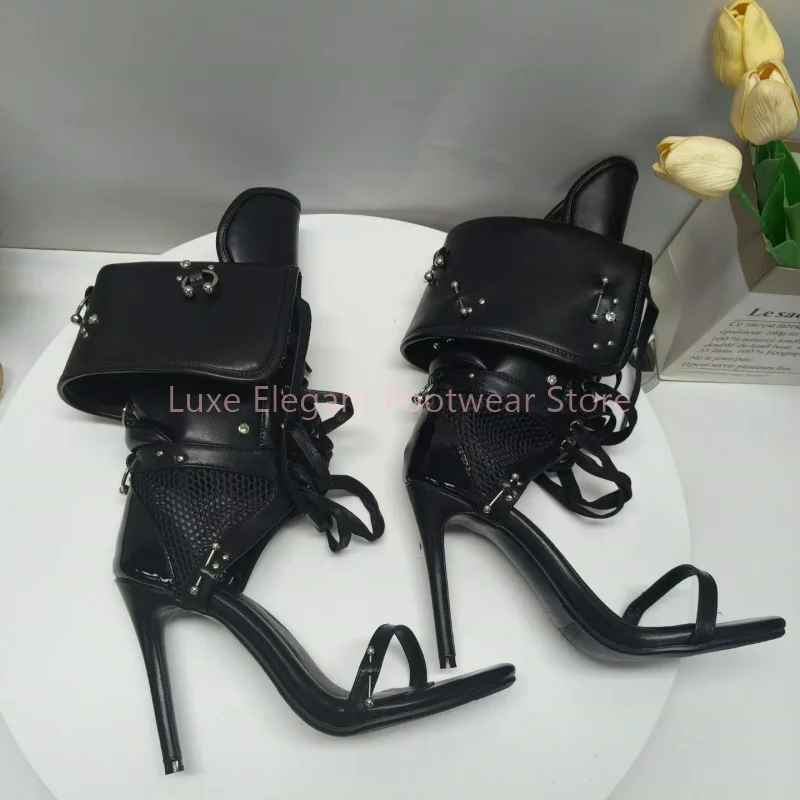 Black Metal Ring Deocr Mesh Open Toe Sandals Boots Women One Strap Cross Strap Mid Calf Boots Gothic Punk Party Club Summer Shoe