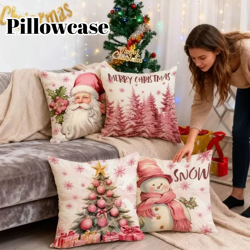 1-4PCS Reindeer Christmas Cushion Covers Set Linen Square Pillow Cases Removable Washable Sofa Home Holiday Decor