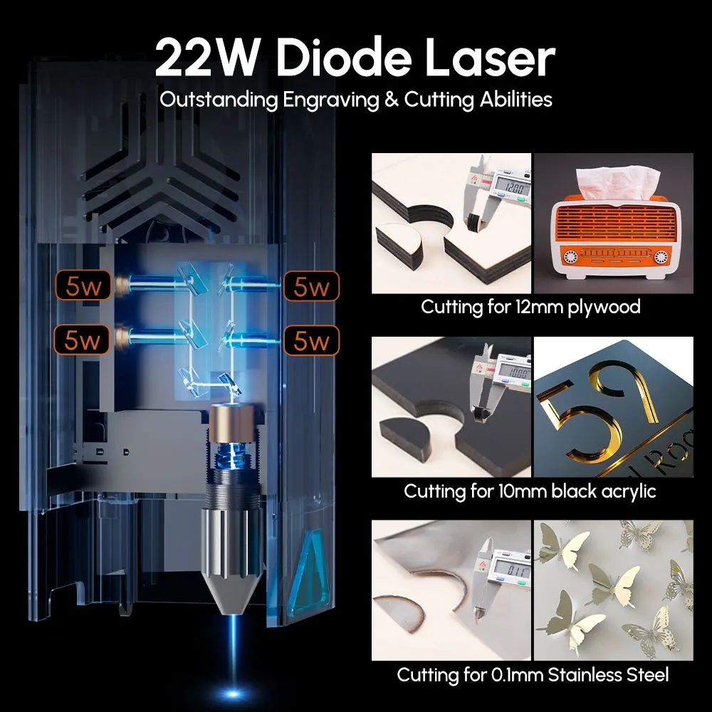 Imagem -04 - Algolaser-alpha Cnc Laser Gravura Máquina de Corte Gravador de Madeira Assist de ar Automático Controle App Faça Você Mesmo 22w Saída 400 m s 130w