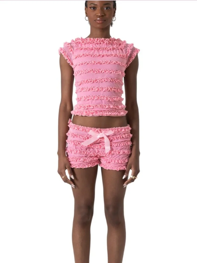 

Three Sisters New Solid Color Sleeveless Hollow Suspender Vest Women's Summer Lace Puffy Shorts Hot Sweetheart Two-piece Set