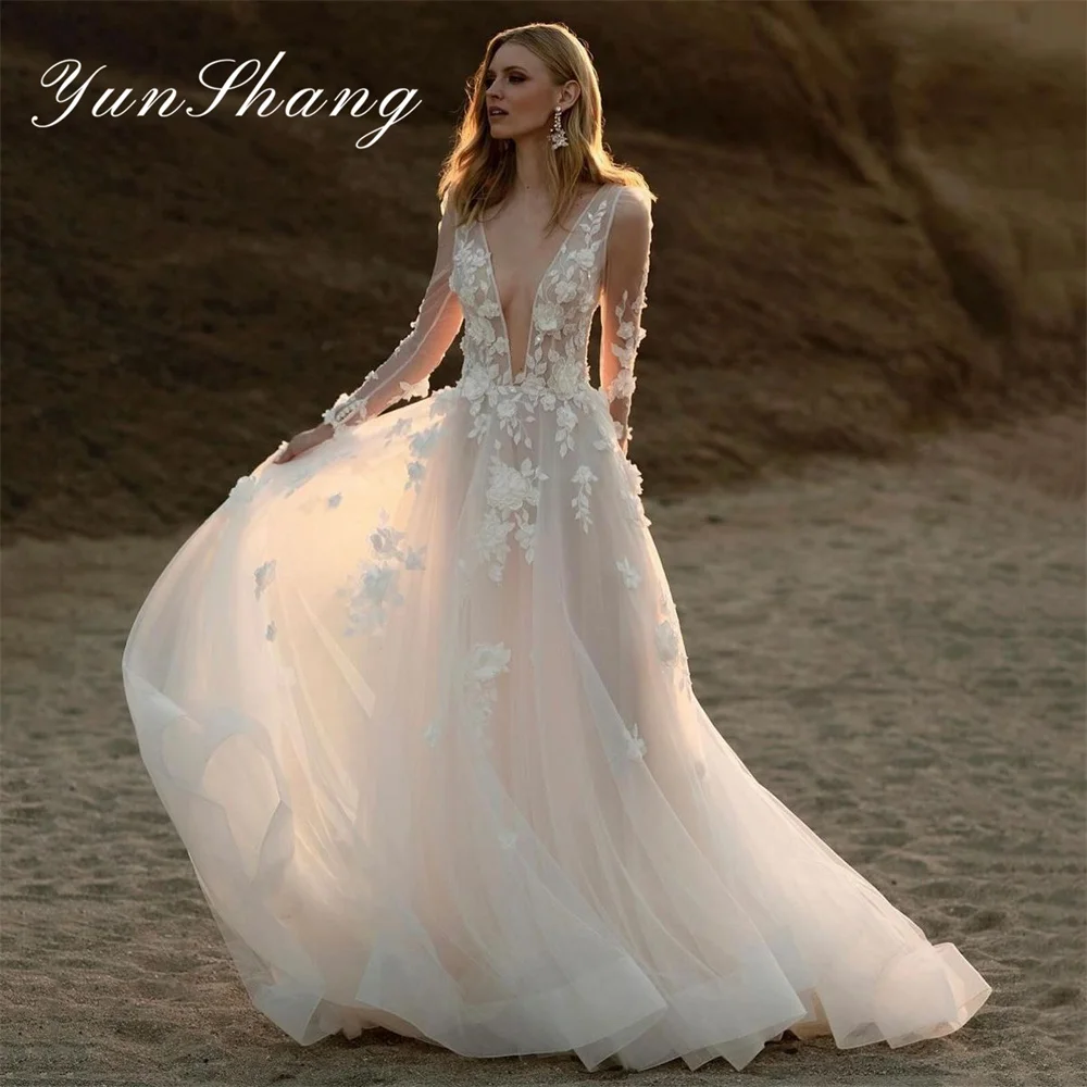 Yunshang Elegant A-line Wedding Dress Long Sleeve Open Back V-Neck 3D Flowers Lace Bridal Gown Train Vestido De Novia Customized