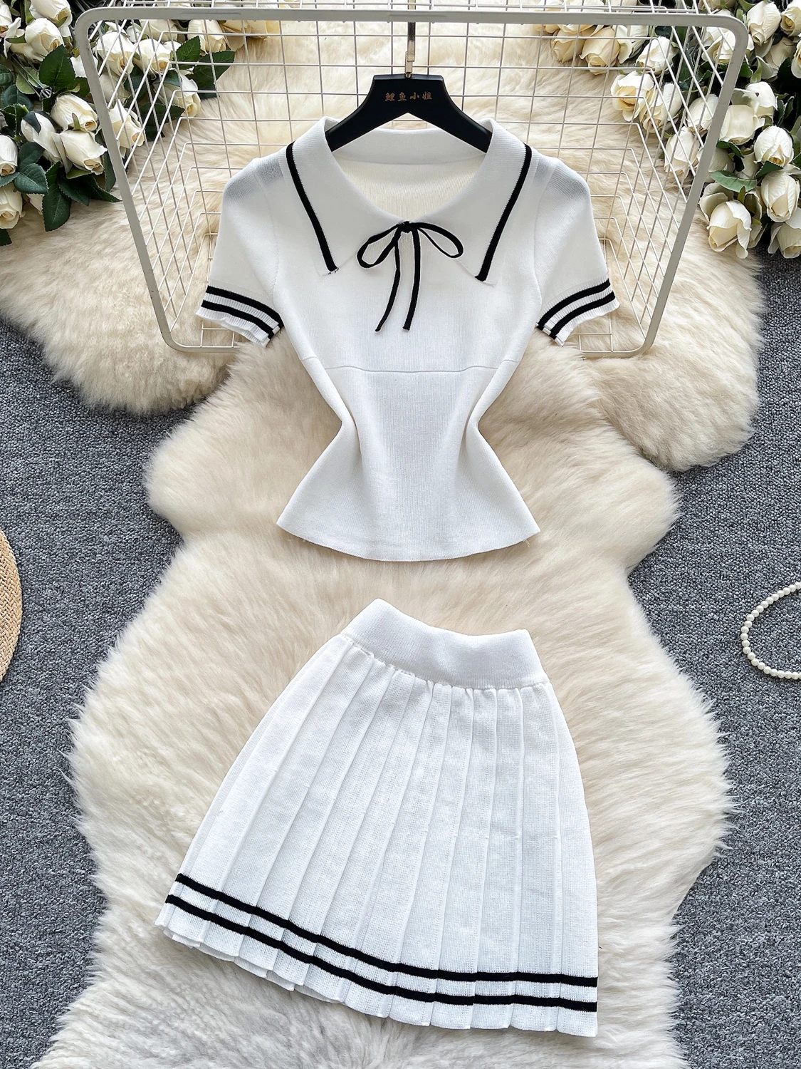 

Women's Summer Faion Pure Desire Ne ort Sve Knitted Top High Waist Pleated Skirt Set Retro Color Blo