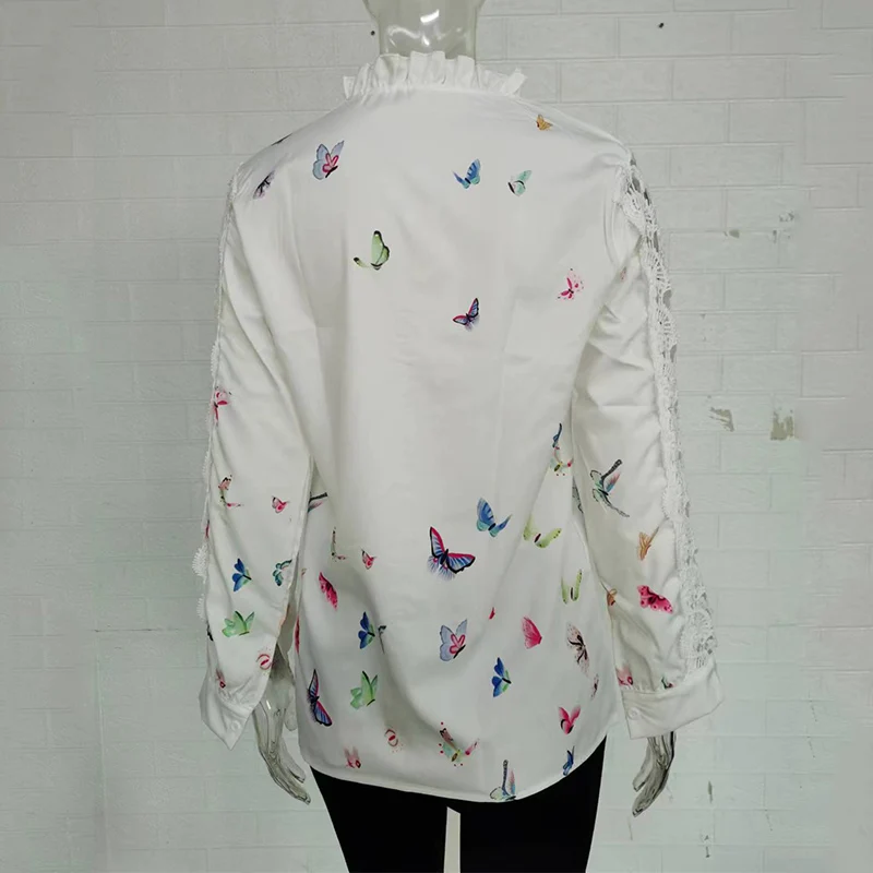 Fashion Butterfly Print Women Blouses 2023 Autumn Lace Long Sleeve Ruffle V-Neck Blouse Shirt Casual Tee Tops Elegant Work Shirt