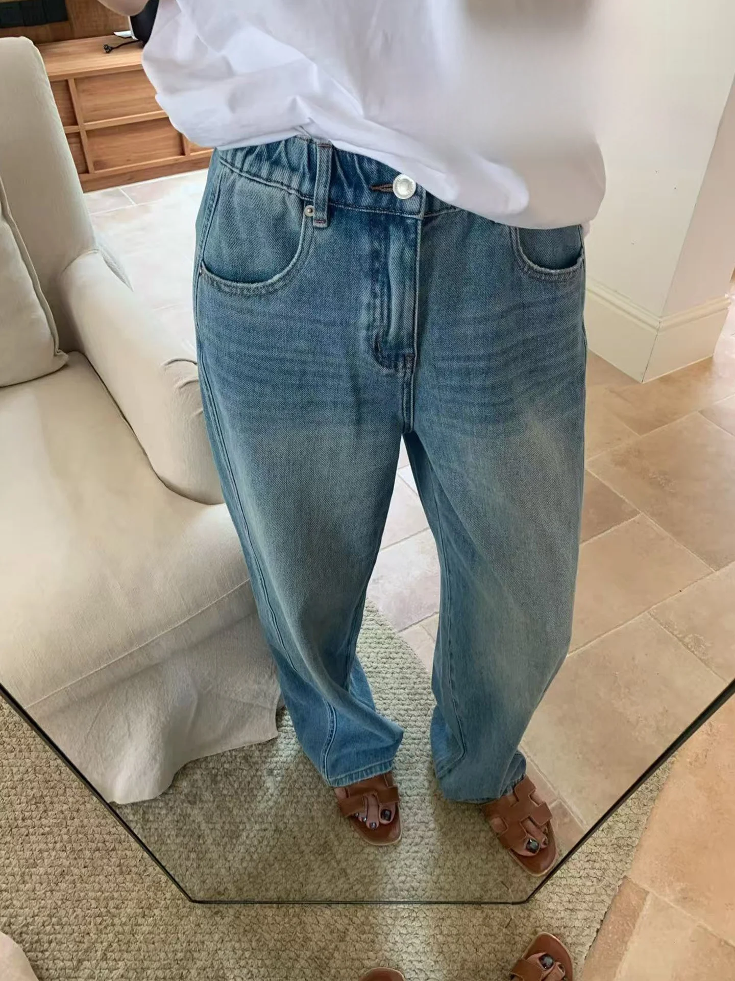 

Old Loose Home "0 Str Pants" Four-Way Stretch Fabric Elastic Waist Super Slimming Jeans Casual Sle Loose Fit l Waist