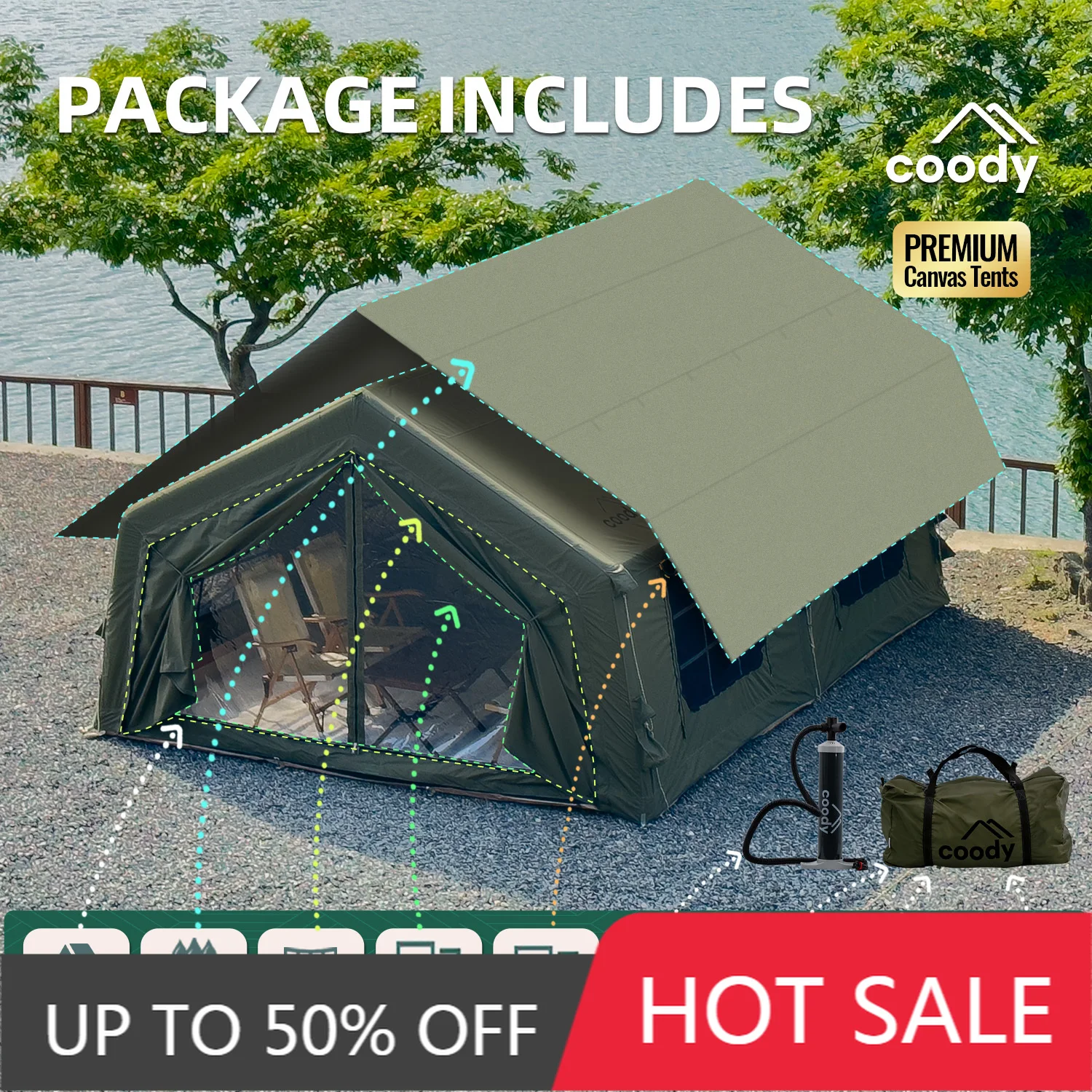 Coody 13.6 Army Green Inflatable Air Tent Large Space Portable Tent for 4-8 People Outdoor Family Camping