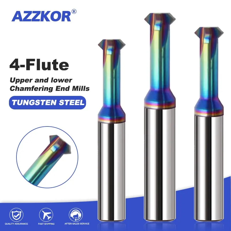 Azzkor-tungstênio Aço Carbide Fresadora Superior e Inferior Chanfrar Revestimento Colorido Cnc Mecânica End Mil Ferramentas Hrc60