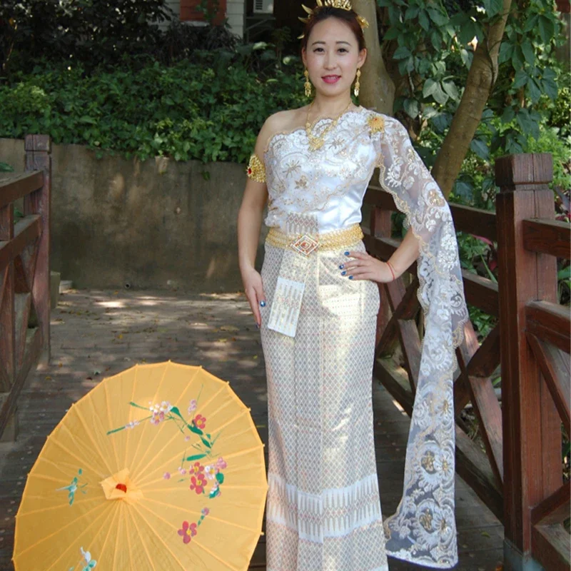 

Thai Dress Wedding Engagement White Sleeveless Single Shoulder Tops Skirt Shawl Slim Fit Thailand Traditional Clothing for Women