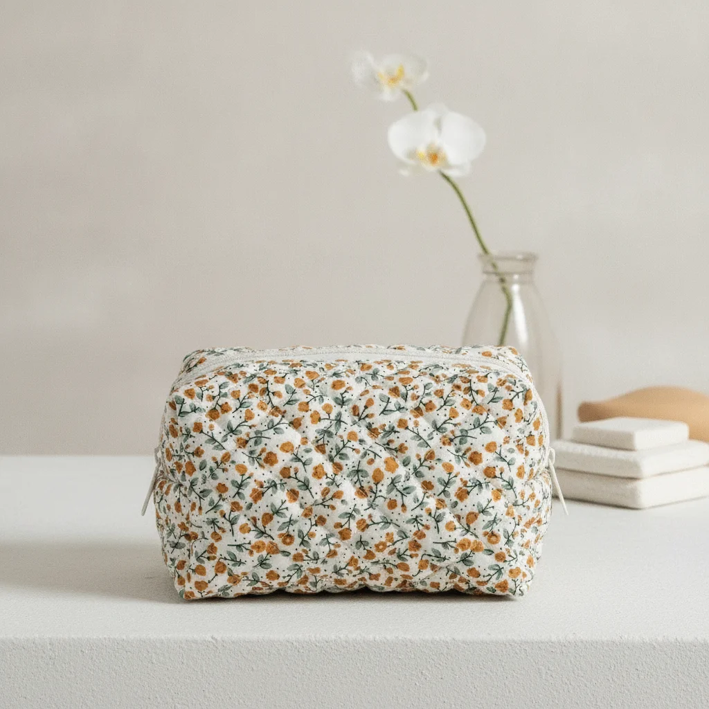 Makeup Bag Aesthetic Quilted Floral Print Large Capacity Cosmetic Bag Portable elegant Toiletry Bag Travel Cosmetic Organizer