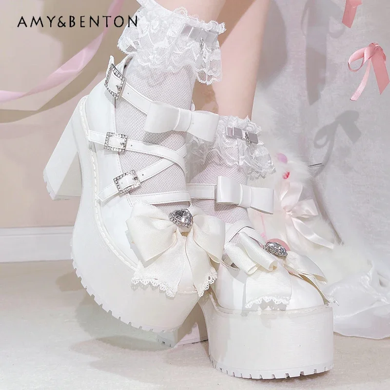 Japanese Mine Mass-Produced Subculture Platform Heels Sweet Cute Bow Lace-up High Heels All Match Elegant Princess Women Shoes