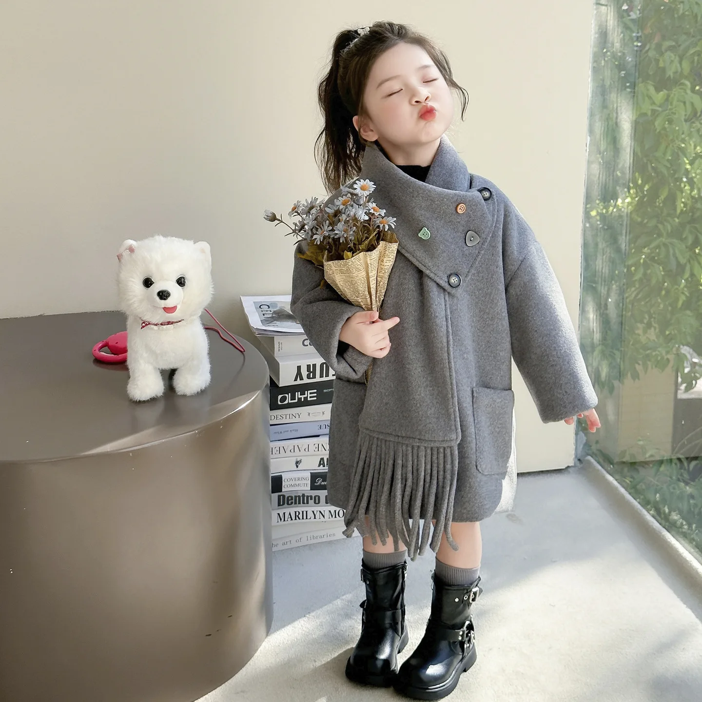 الشتاء الكورية الأطفال فتاة خندق معطف وشاح ملون زر طفل رضيع فتاة معطف رمادي الرضع بابيس الفتيات ملابس خارجية سترة